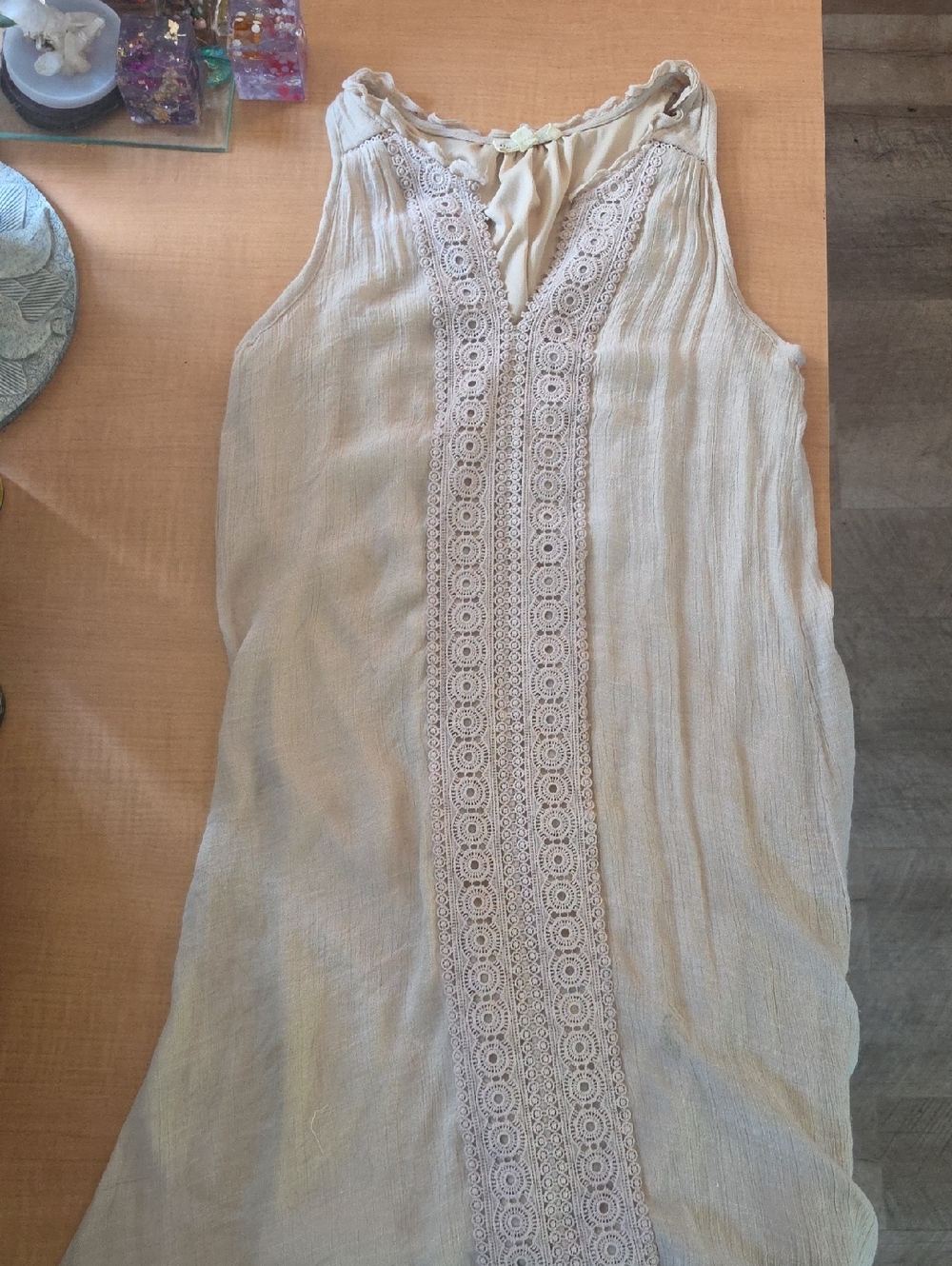 Sleeveless Asymmetrical Cream Dress with Lace Trim
